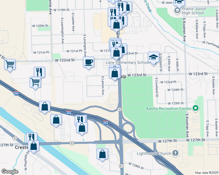 map of restaurants, bars, coffee shops, grocery stores, and more near 4833 West 123rd Place in Alsip