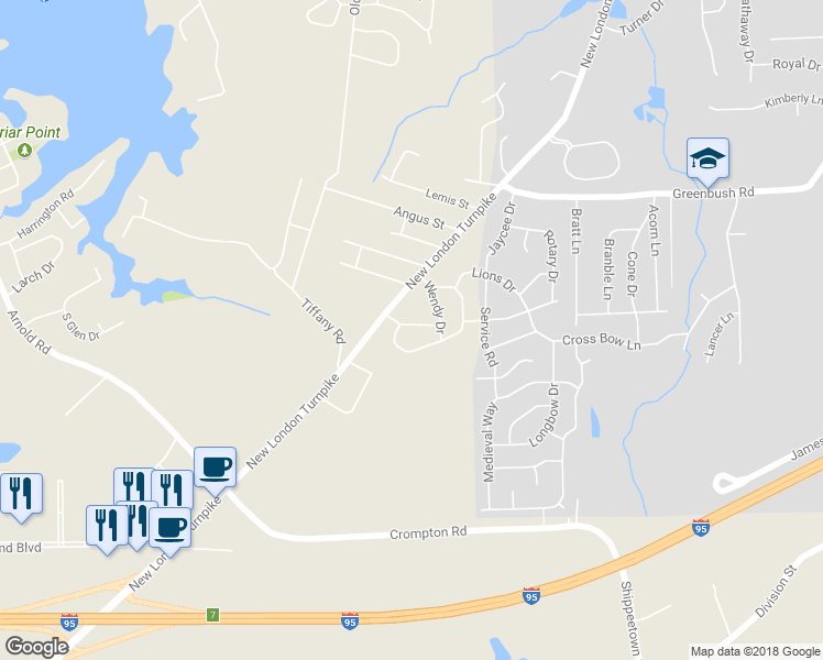 map of restaurants, bars, coffee shops, grocery stores, and more near 8 Whittier Drive in Coventry