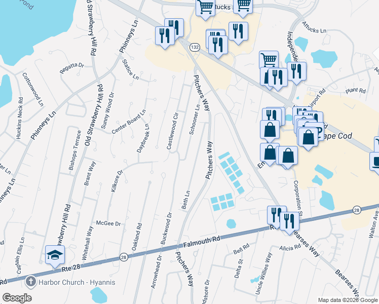 map of restaurants, bars, coffee shops, grocery stores, and more near 86 Beth Lane in Barnstable