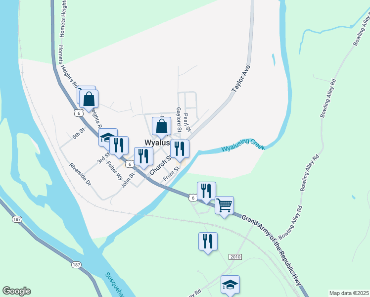 map of restaurants, bars, coffee shops, grocery stores, and more near 100 Main Street in Wyalusing
