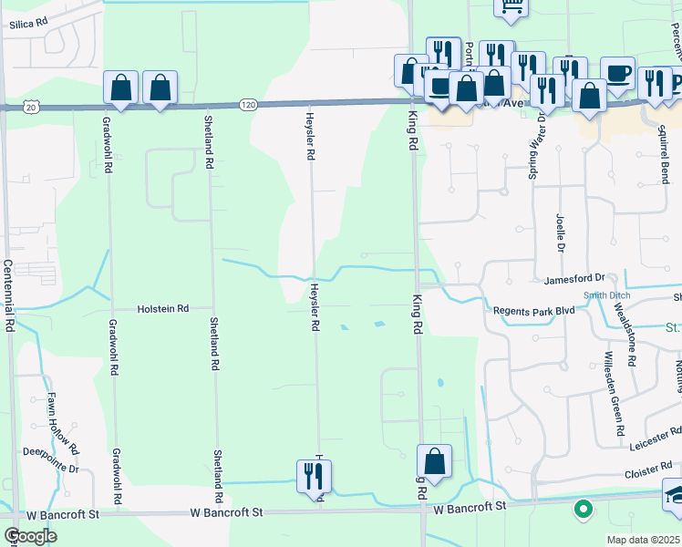 map of restaurants, bars, coffee shops, grocery stores, and more near 7611 Holstein Road in Toledo
