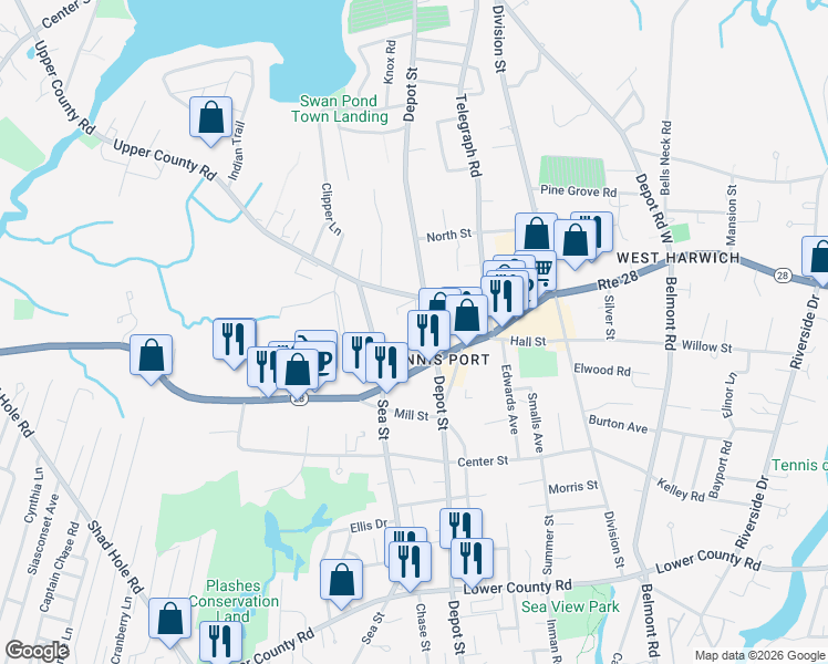 map of restaurants, bars, coffee shops, grocery stores, and more near 223 Depot Street in Dennis
