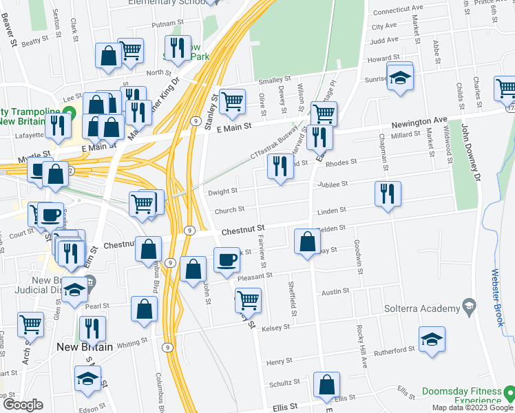 map of restaurants, bars, coffee shops, grocery stores, and more near Church Street & Fairview Street in New Britain