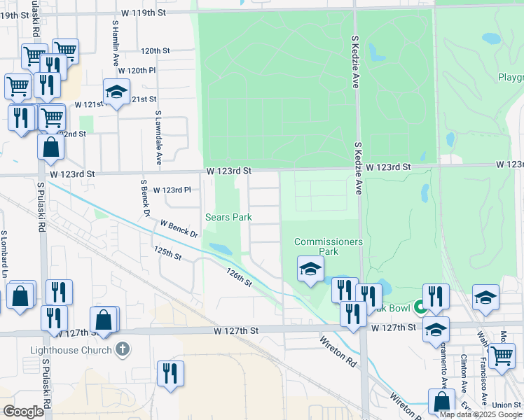 map of restaurants, bars, coffee shops, grocery stores, and more near 3421 West 124th Street in Alsip