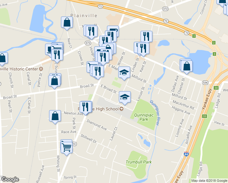 map of restaurants, bars, coffee shops, grocery stores, and more near 33 East Broad Street in Plainville