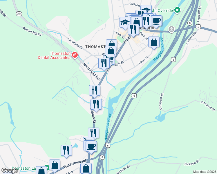 map of restaurants, bars, coffee shops, grocery stores, and more near 205 South Main Street in Thomaston