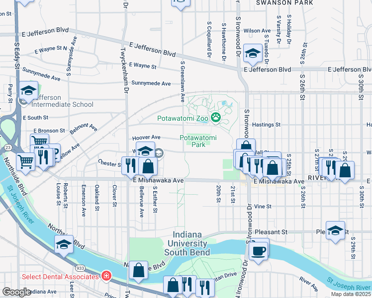 map of restaurants, bars, coffee shops, grocery stores, and more near 500 South Greenlawn Avenue in South Bend