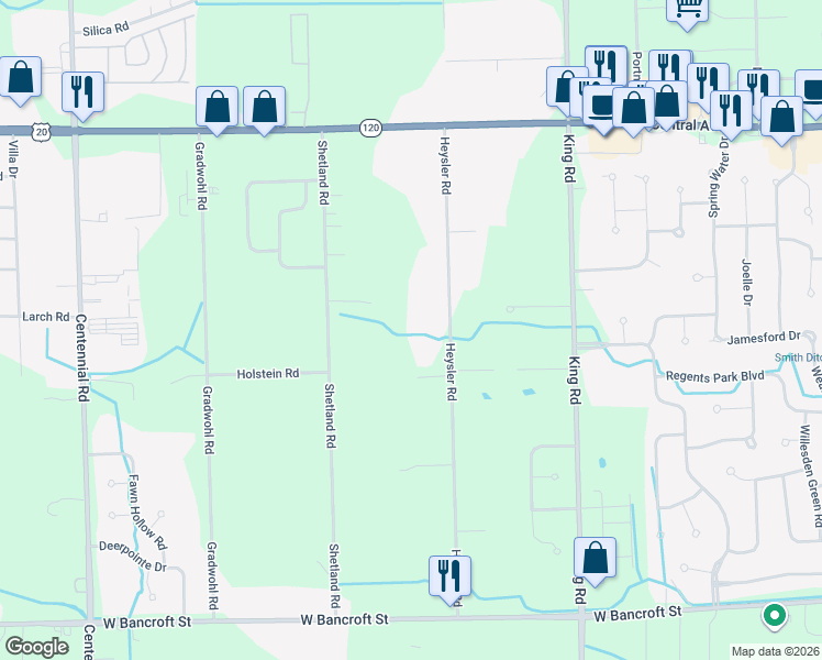 map of restaurants, bars, coffee shops, grocery stores, and more near 2719 Heysler Road in Toledo