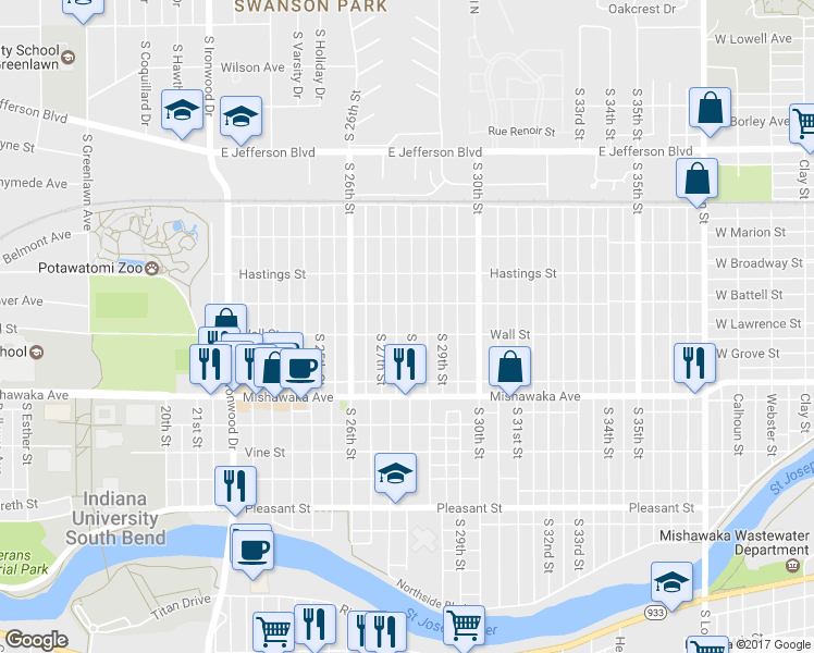 map of restaurants, bars, coffee shops, grocery stores, and more near 749 South 28th Street in South Bend