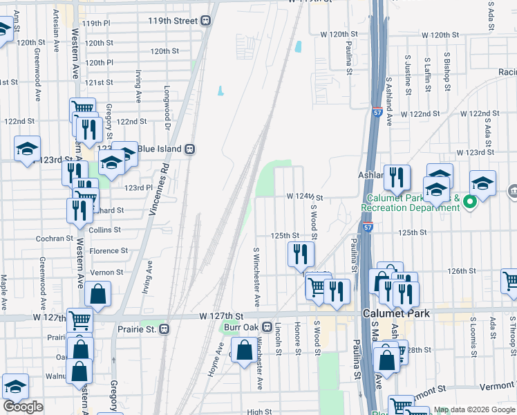 map of restaurants, bars, coffee shops, grocery stores, and more near 12330 Lincoln Street in Calumet Park