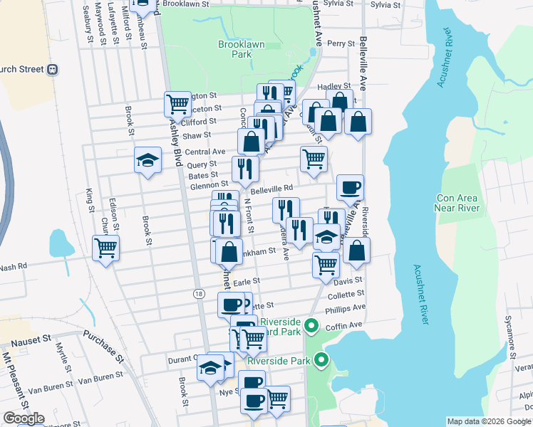 map of restaurants, bars, coffee shops, grocery stores, and more near 111 Eugenia Street in New Bedford