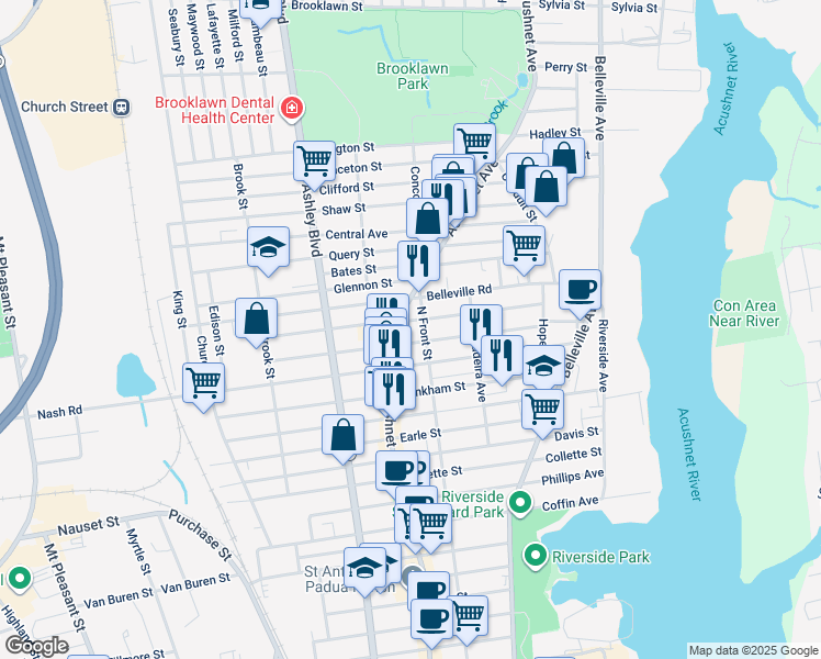 map of restaurants, bars, coffee shops, grocery stores, and more near 570 North Front Street in New Bedford