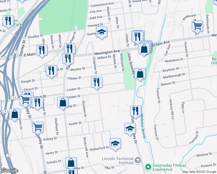 map of restaurants, bars, coffee shops, grocery stores, and more near 168 Linden Street in New Britain