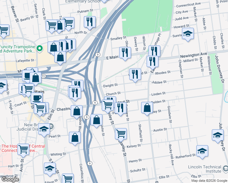 map of restaurants, bars, coffee shops, grocery stores, and more near 34 Dwight Street in New Britain