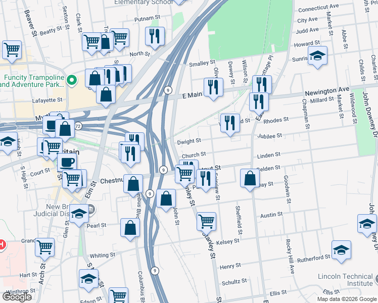 map of restaurants, bars, coffee shops, grocery stores, and more near 34 Dwight Street in New Britain