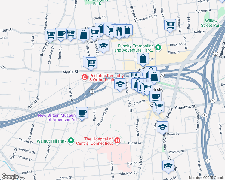 map of restaurants, bars, coffee shops, grocery stores, and more near 62 Cedar Street in New Britain