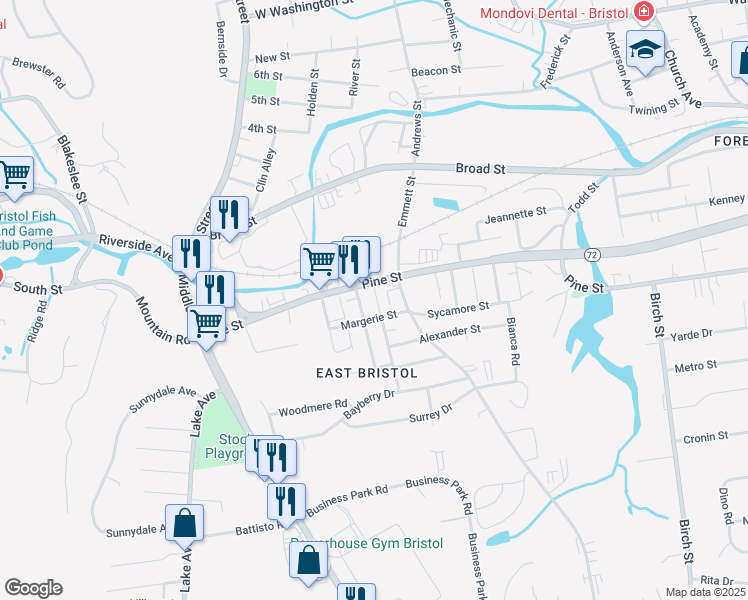 map of restaurants, bars, coffee shops, grocery stores, and more near 201 Pine Street in Bristol