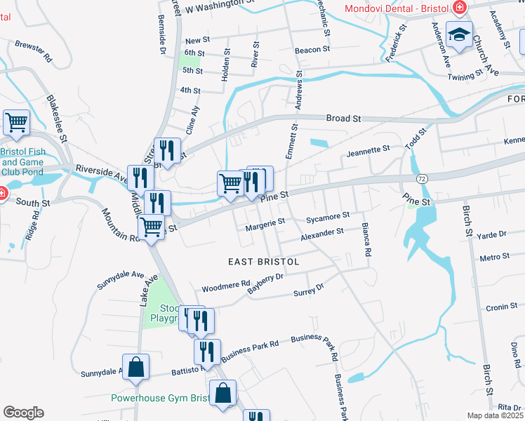 map of restaurants, bars, coffee shops, grocery stores, and more near 201 Pine Street in Bristol