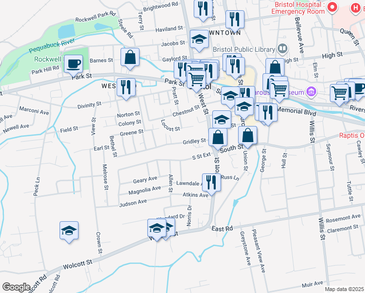 map of restaurants, bars, coffee shops, grocery stores, and more near 70 Gridley Street in Bristol