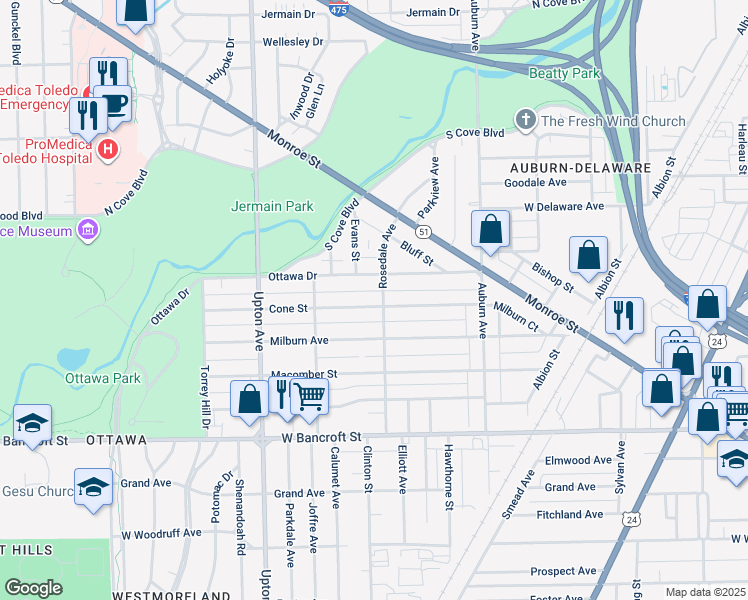 map of restaurants, bars, coffee shops, grocery stores, and more near 1723 Ottawa Drive in Toledo