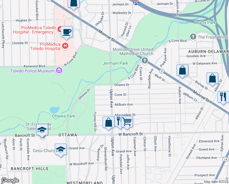 map of restaurants, bars, coffee shops, grocery stores, and more near 1907 Ottawa Drive in Toledo