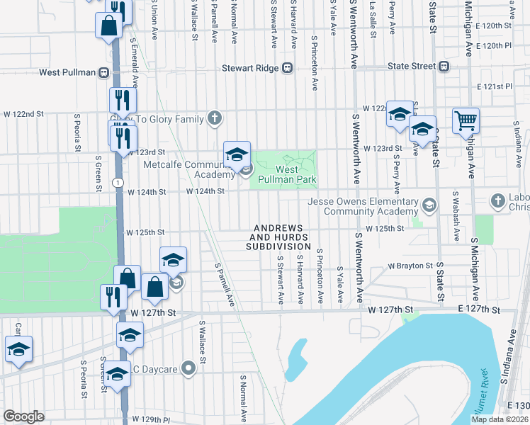 map of restaurants, bars, coffee shops, grocery stores, and more near 12409 South Eggleston Avenue in Chicago