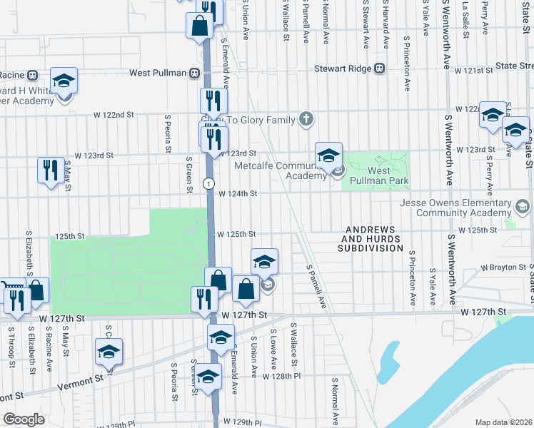 map of restaurants, bars, coffee shops, grocery stores, and more near 12409 South Lowe Avenue in Chicago