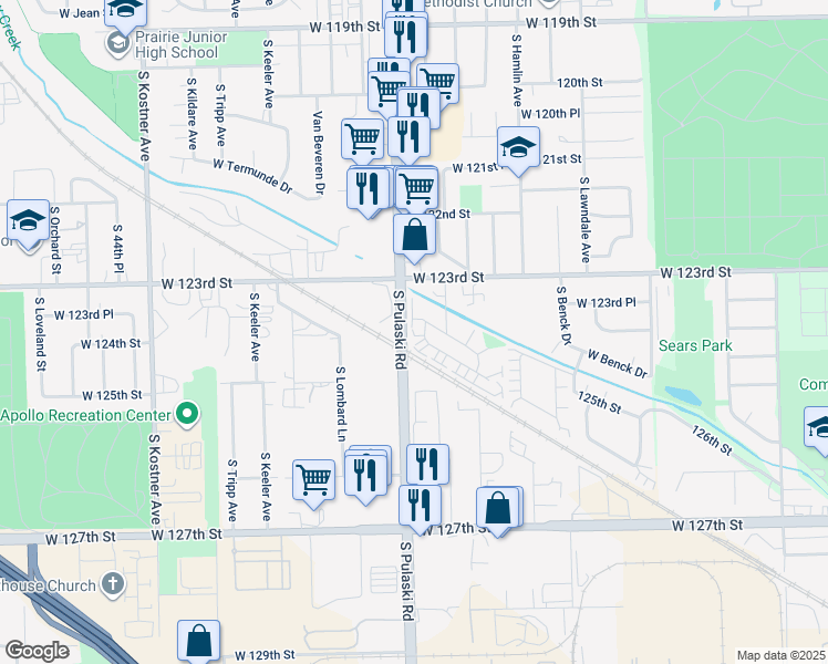 map of restaurants, bars, coffee shops, grocery stores, and more near 3922 West 124th Street in Alsip