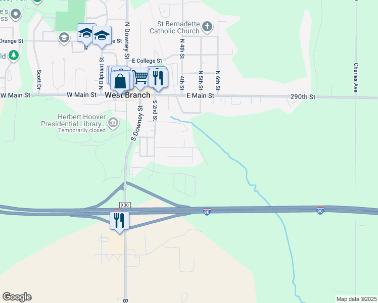 map of restaurants, bars, coffee shops, grocery stores, and more near 388-398 South Maple Street in West Branch