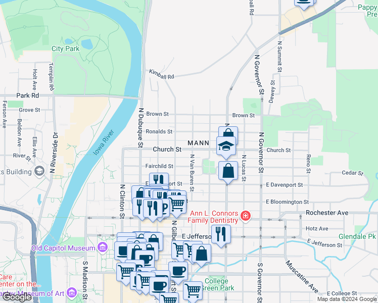 map of restaurants, bars, coffee shops, grocery stores, and more near 512 Church Street in Iowa City