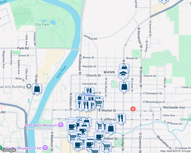 map of restaurants, bars, coffee shops, grocery stores, and more near 618 North Gilbert Street in Iowa City