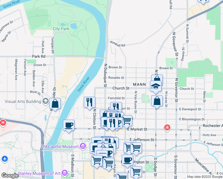 map of restaurants, bars, coffee shops, grocery stores, and more near 612 North Linn Street in Iowa City