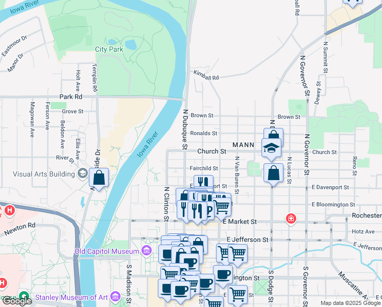 map of restaurants, bars, coffee shops, grocery stores, and more near 102 Church Street in Iowa City