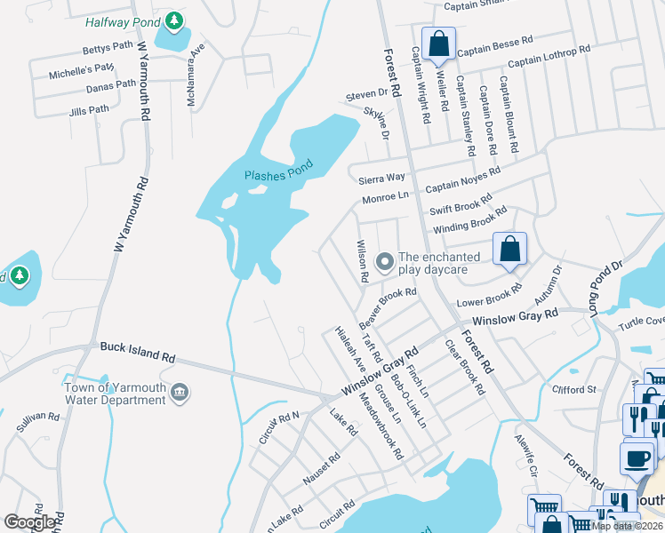 map of restaurants, bars, coffee shops, grocery stores, and more near 37 Harding Lane in Yarmouth