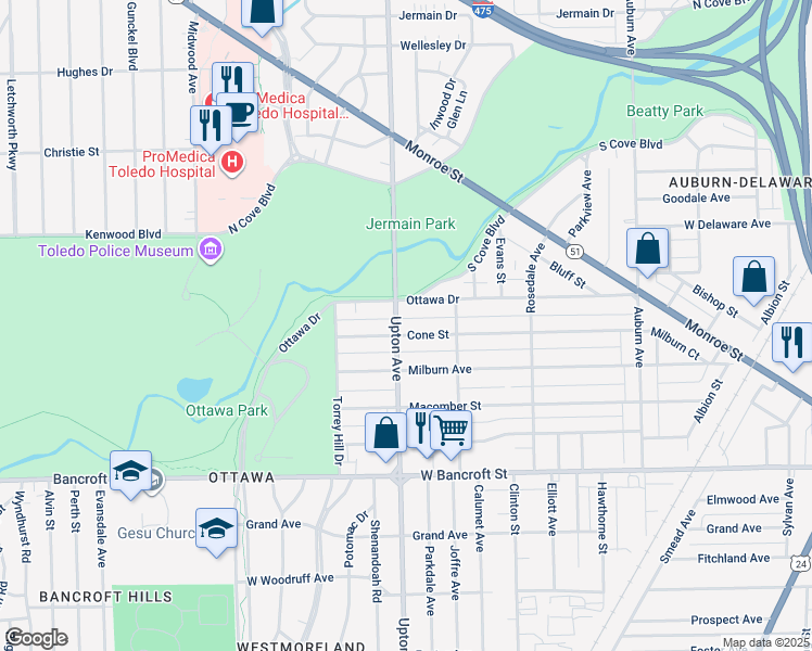 map of restaurants, bars, coffee shops, grocery stores, and more near 1907 Ottawa Drive in Toledo