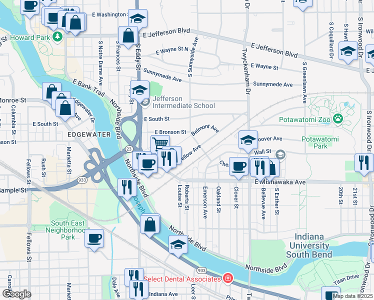map of restaurants, bars, coffee shops, grocery stores, and more near 701-799 S Sunnyside Ave in South Bend