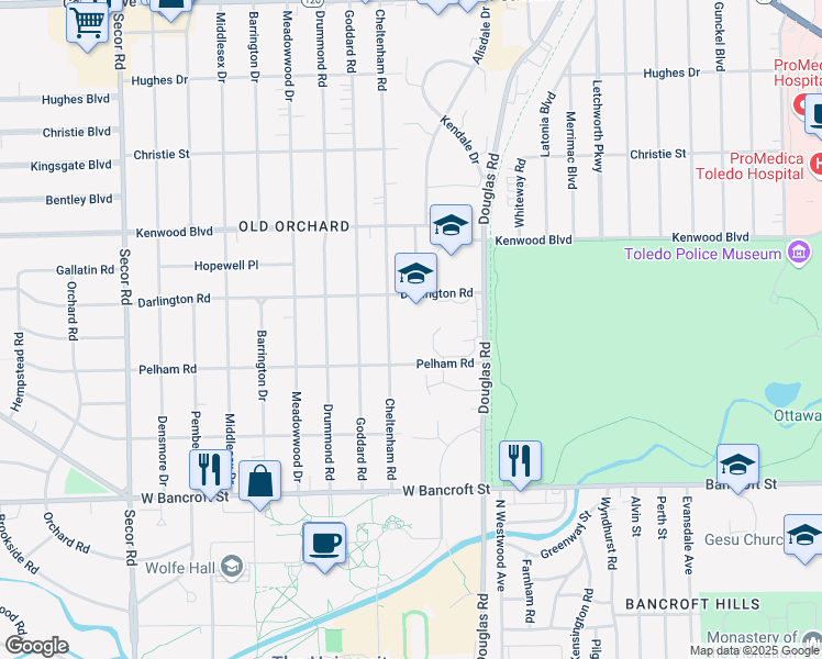 map of restaurants, bars, coffee shops, grocery stores, and more near 2402 Cheltenham Road in Toledo