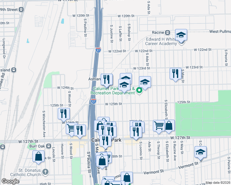map of restaurants, bars, coffee shops, grocery stores, and more near 12400 South Justine Street in Calumet Park