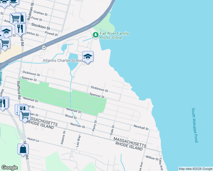 map of restaurants, bars, coffee shops, grocery stores, and more near 43 Hiatt Street in Fall River