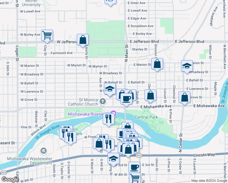 map of restaurants, bars, coffee shops, grocery stores, and more near 724 Elizabeth Street in Mishawaka