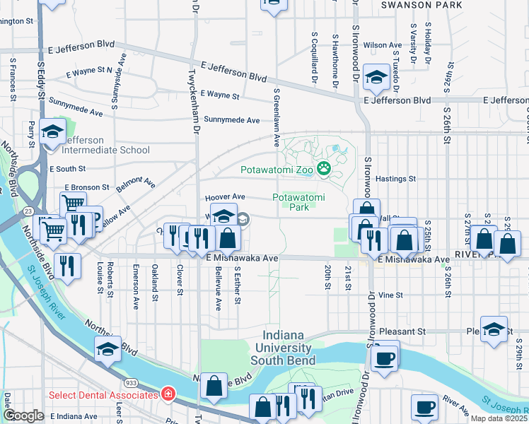 map of restaurants, bars, coffee shops, grocery stores, and more near 1725 Hoover Avenue in South Bend