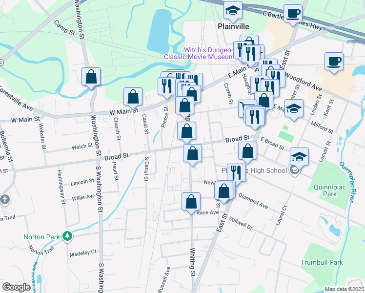 map of restaurants, bars, coffee shops, grocery stores, and more near 68 Broad St in Plainville