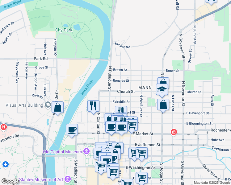 map of restaurants, bars, coffee shops, grocery stores, and more near 219 Church Street in Iowa City