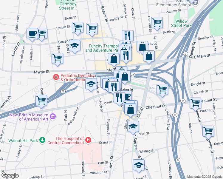 map of restaurants, bars, coffee shops, grocery stores, and more near 67 West Main Street in New Britain