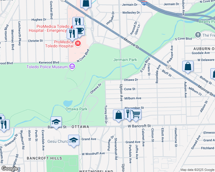 map of restaurants, bars, coffee shops, grocery stores, and more near 2340 Torrey Hill Drive in Toledo