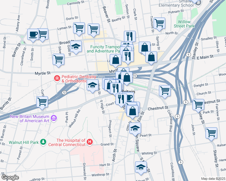 map of restaurants, bars, coffee shops, grocery stores, and more near 67 West Main Street in New Britain
