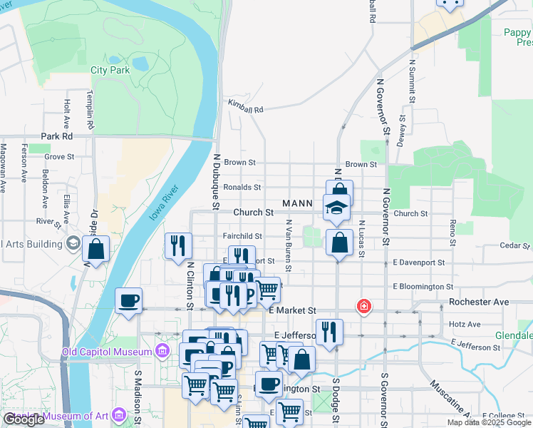 map of restaurants, bars, coffee shops, grocery stores, and more near 616 North Gilbert Street in Iowa City