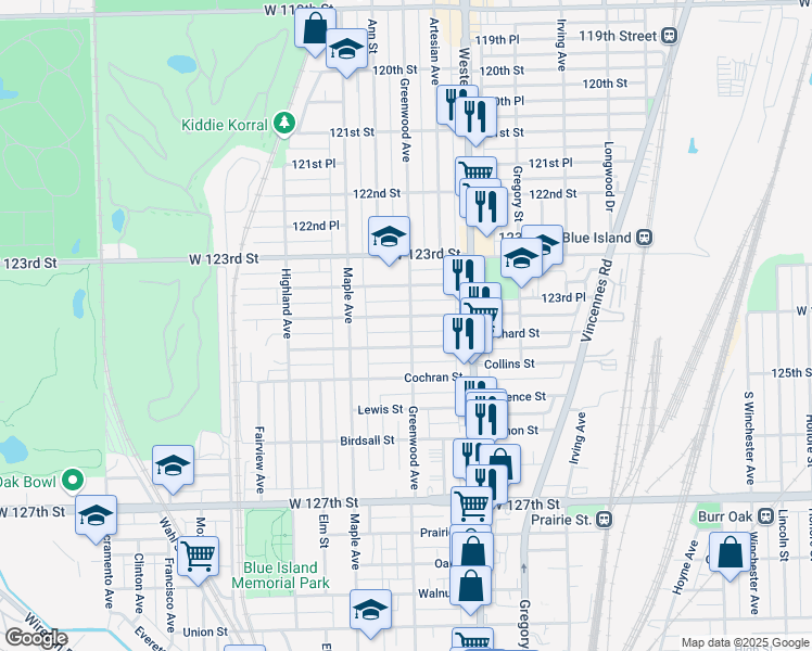map of restaurants, bars, coffee shops, grocery stores, and more near 2456 Orchard Street in Blue Island
