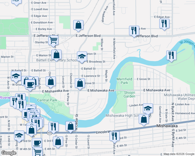 map of restaurants, bars, coffee shops, grocery stores, and more near 909 East Lawrence Street in Mishawaka