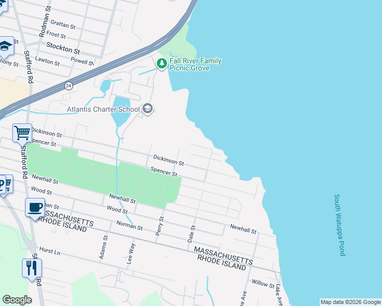 map of restaurants, bars, coffee shops, grocery stores, and more near 43 Hiatt Street in Fall River